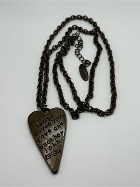 PLUNDER Antique Bronze Heart Long Pendant Necklace with Script John 13:34
